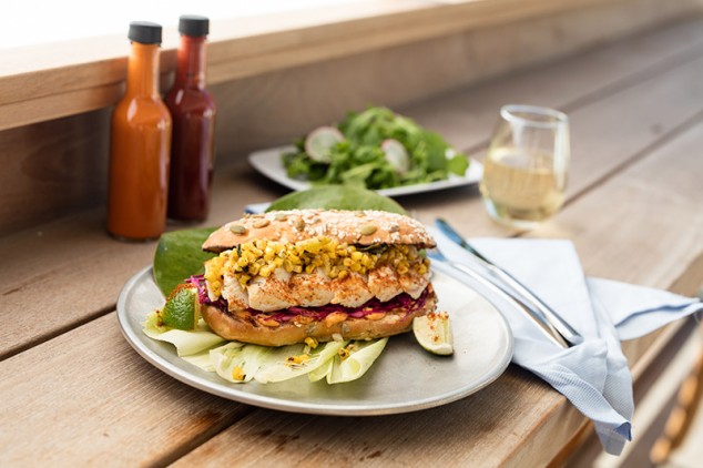 Fresh Mahi Mahi Sandwich and Wine